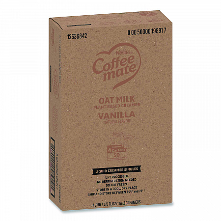 Plant-Based Oat Milk Liquid Creamers, Natural Vanilla, 0.38 oz Mini Cups, 50/Box, 4 Boxes/Carton (19891CT)