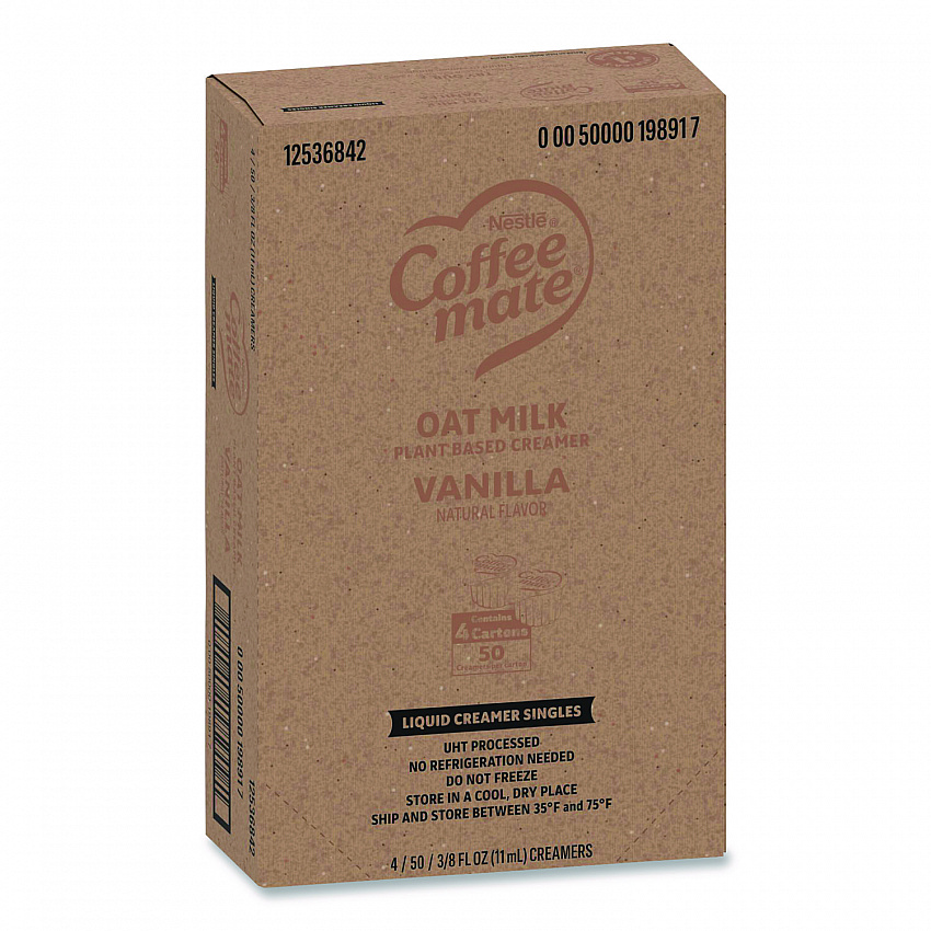 Plant-Based Oat Milk Liquid Creamers, Natural Vanilla, 0.38 oz Mini Cups, 50/Box, 4 Boxes/Carton (19891CT)