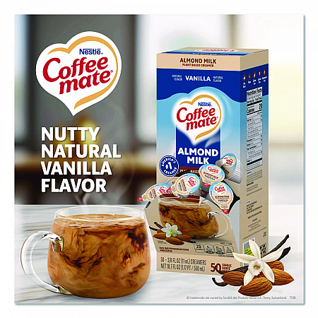 Plant-Based Almond Milk Non-Dairy Liquid Creamer Singles, Natural Vanilla, 0.38 oz Mini Cups, 50/Box (42258BX)