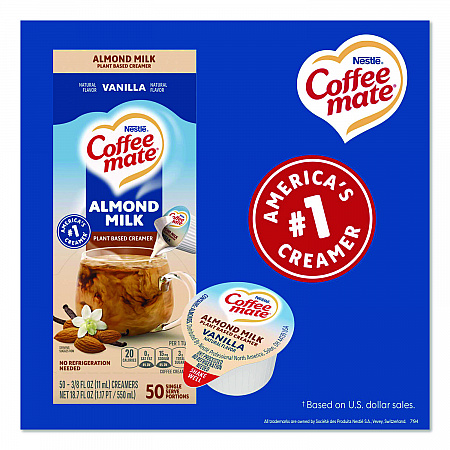 Plant-Based Almond Milk Non-Dairy Liquid Creamer Singles, Natural Vanilla, 0.38 oz Mini Cups, 50/Box (42258BX)