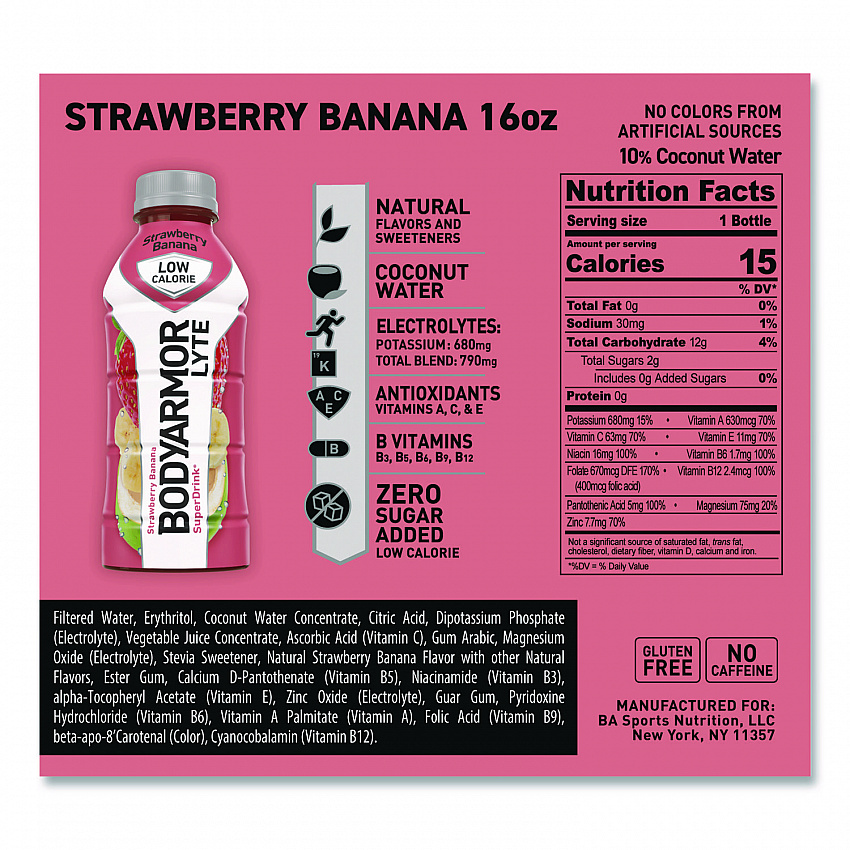 LYTE Sports Drink, Strawberry Banana, 16 oz Bottle, 12/Pack (411896)