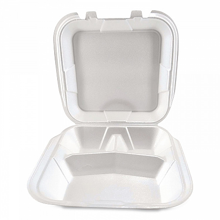 Foam Hinged Lid Containers, 3-Compartment, 9 x 9 x 3, White, Foam, 200/Carton (12083)
