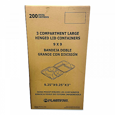 Foam Hinged Lid Containers, 3-Compartment, 9 x 9 x 3, White, Foam, 200/Carton (12083)