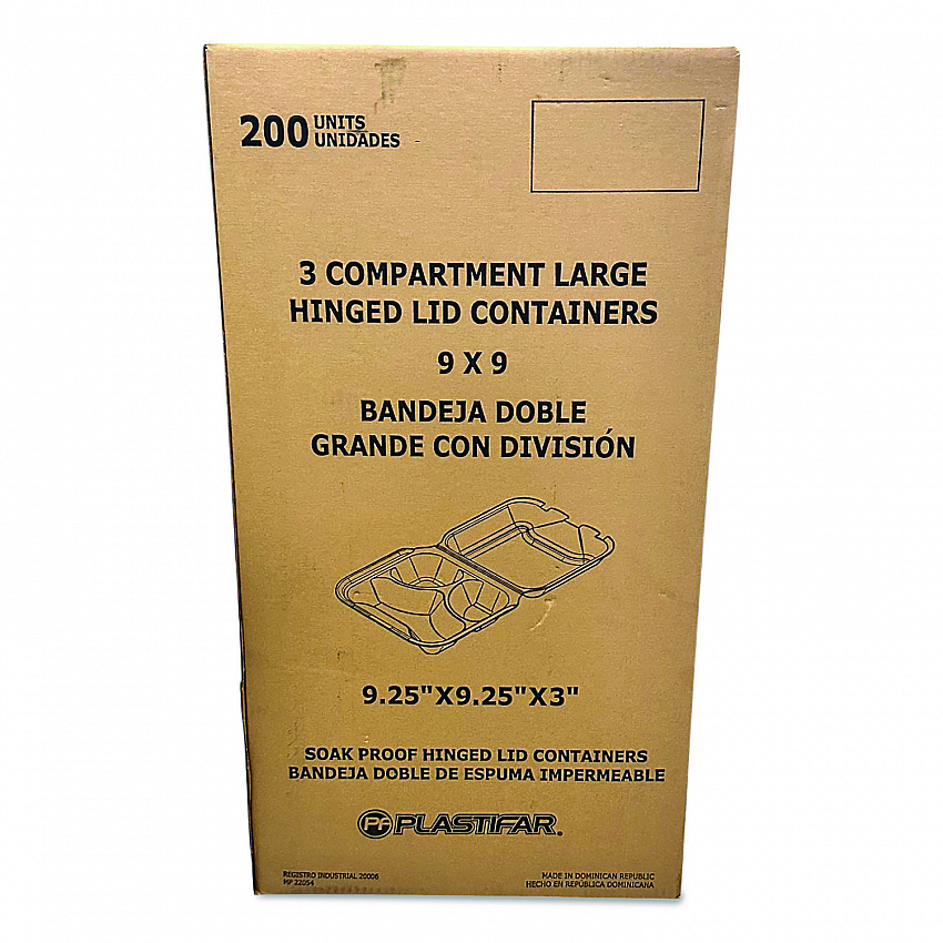 Foam Hinged Lid Containers, 3-Compartment, 9 x 9 x 3, White, Foam, 200/Carton (12083)