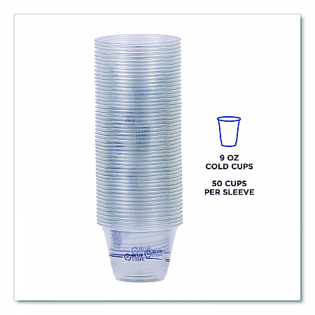 BlueStripe 25% Recycled Content Cold Cups, 9 oz, Plastic, Clear/Blue, 50/Pack, 20 Packs/Carton (EPCR9)