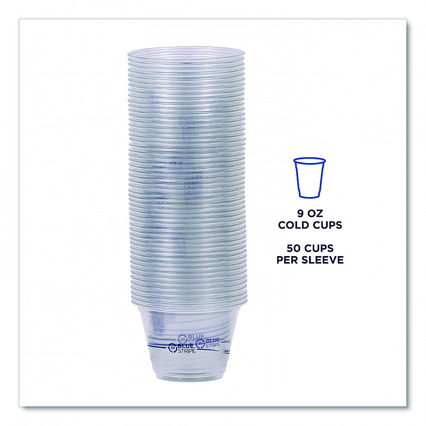 BlueStripe 25% Recycled Content Cold Cups, 9 oz, Plastic, Clear/Blue, 50/Pack, 20 Packs/Carton (EPCR9)