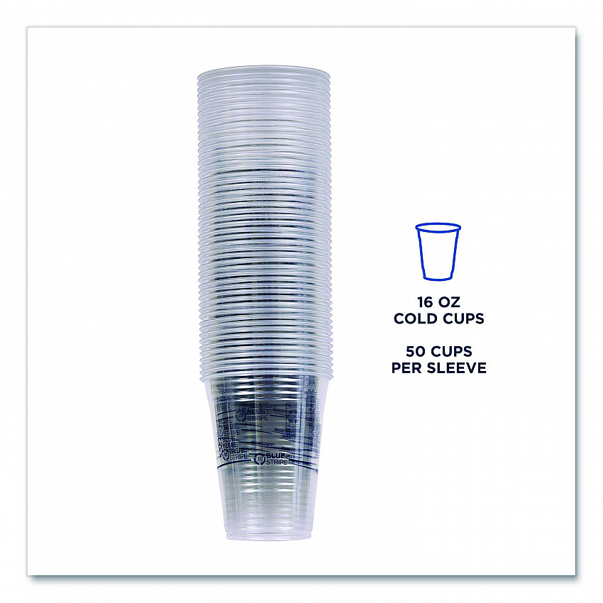 BlueStripe 25% Recycled Content Cold Cups, 16 oz, Plastic, Clear/Blue, 50/Pack, 20 Packs/Carton (EPCR16)