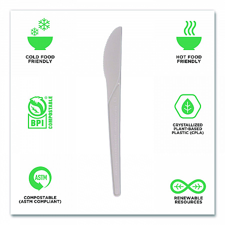 Plantware Compostable Cutlery, Knife, Plastic, Pearl White, 50/Pack, 20 Packs/Carton (EPS011)