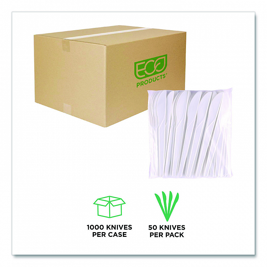 Plantware Compostable Cutlery, Knife, Plastic, Pearl White, 50/Pack, 20 Packs/Carton (EPS011)