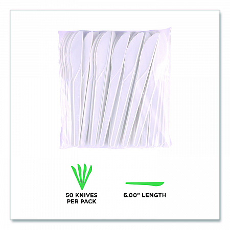 Plantware Compostable Cutlery, Knife, Plastic, Pearl White, 50/Pack, 20 Packs/Carton (EPS011)