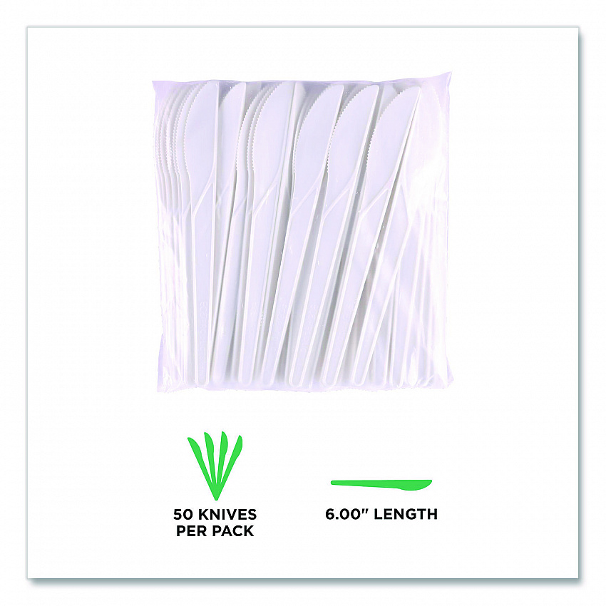 Plantware Compostable Cutlery, Knife, Plastic, Pearl White, 50/Pack, 20 Packs/Carton (EPS011)