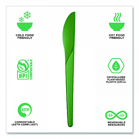 Plantware Compostable Cutlery, Knife, Plastic, Green, 1,000/Carton (EPS011G)