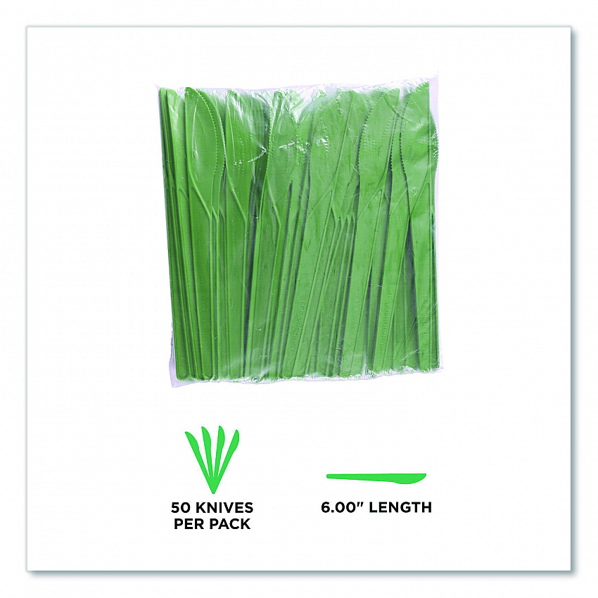 Plantware Compostable Cutlery, Knife, Plastic, Green, 1,000/Carton (EPS011G)