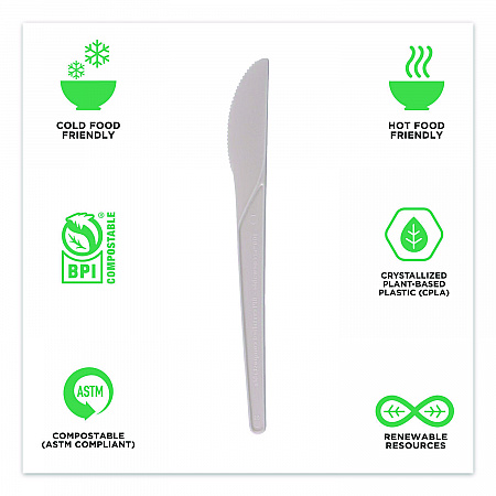 Plantware Compostable Cutlery, Knife, Plastic, White, 1,000/Carton (EPS011W)