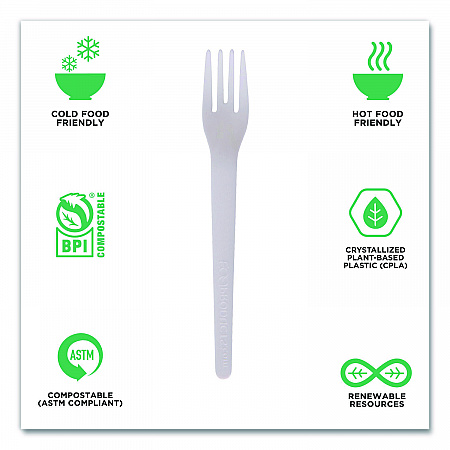Plantware Compostable Cutlery, Fork, Plastic, Pearl White, 50/Pack, 20 Packs/Carton (EPS012)