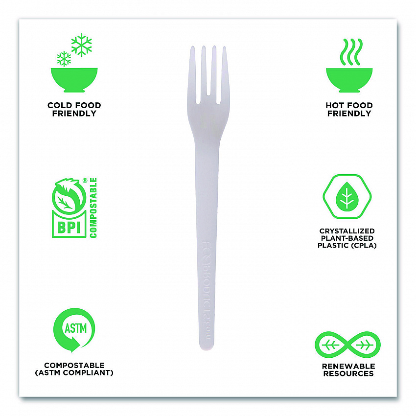 Plantware Compostable Cutlery, Fork, Plastic, Pearl White, 50/Pack, 20 Packs/Carton (EPS012)