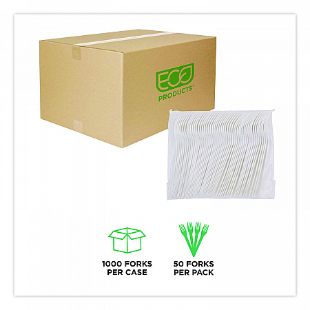 Plantware Compostable Cutlery, Fork, Plastic, Pearl White, 50/Pack, 20 Packs/Carton (EPS012)