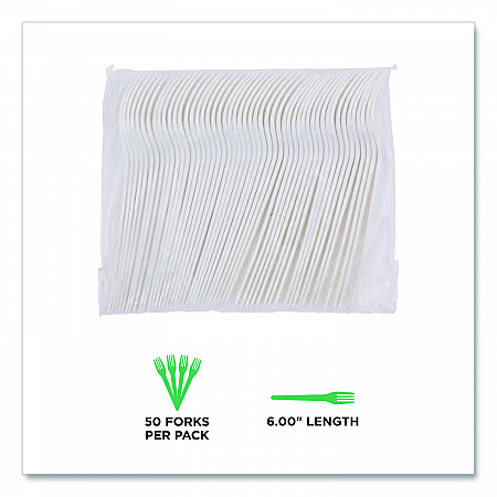 Plantware Compostable Cutlery, Fork, Plastic, Pearl White, 50/Pack, 20 Packs/Carton (EPS012)