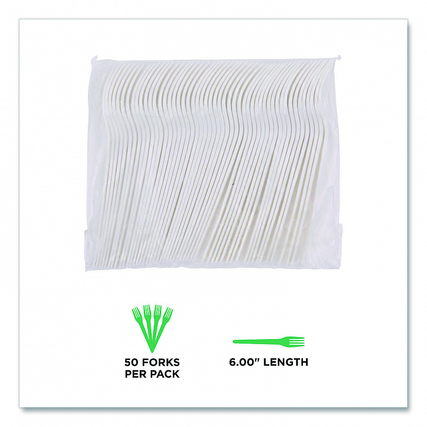 Plantware Compostable Cutlery, Fork, Plastic, Pearl White, 50/Pack, 20 Packs/Carton (EPS012)