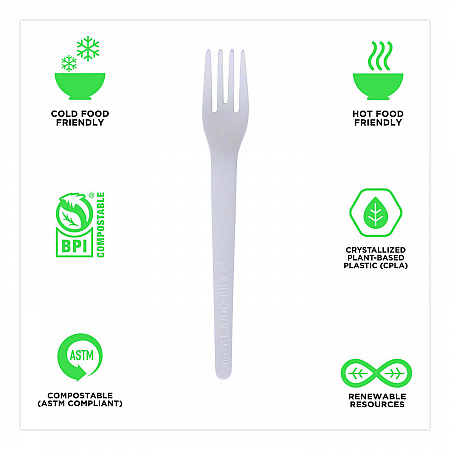 Plantware Compostable Cutlery, Fork, Plastic, White, 1,000/Carton (EPS012W)