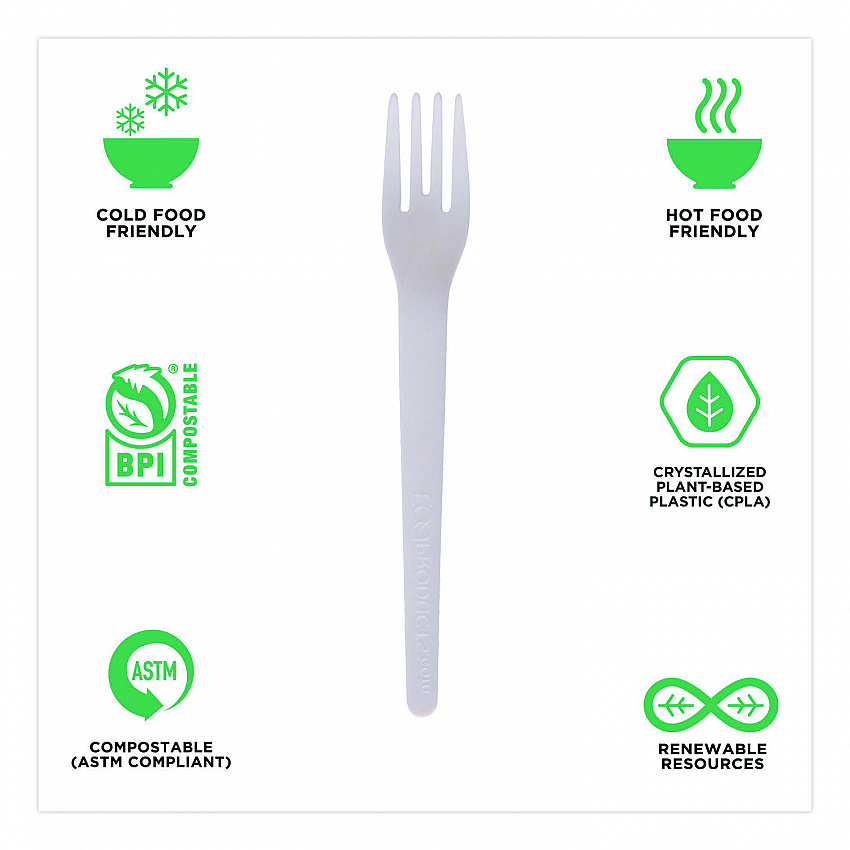 Plantware Compostable Cutlery, Fork, Plastic, White, 1,000/Carton (EPS012W)