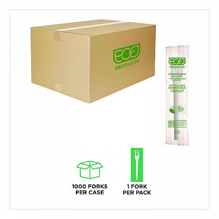 Plantware Compostable Cutlery, Fork, Plastic, White, 1,000/Carton (EPS012W)