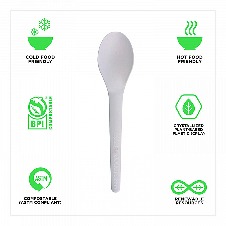 Plantware Compostable Cutlery, Spoon, Plastic, Pearl White, 50/Pack, 20 Pack/Carton (EPS013)