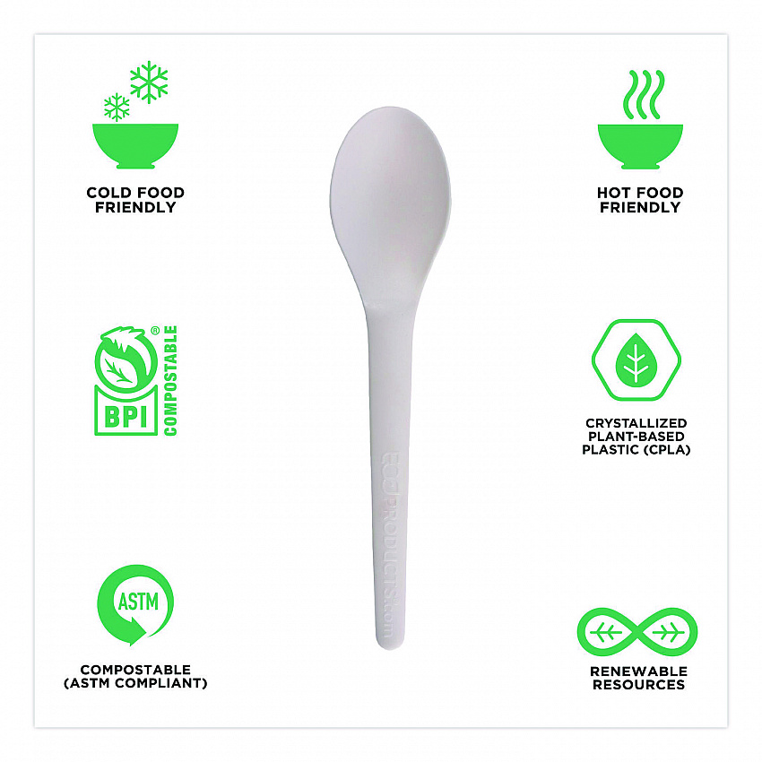 Plantware Compostable Cutlery, Spoon, Plastic, Pearl White, 50/Pack, 20 Pack/Carton (EPS013)