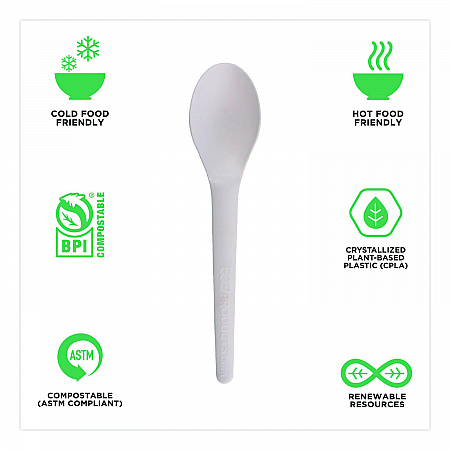 Plantware Compostable Cutlery, Spoon, Plastic, White, 1,000/Carton (EPS013W)
