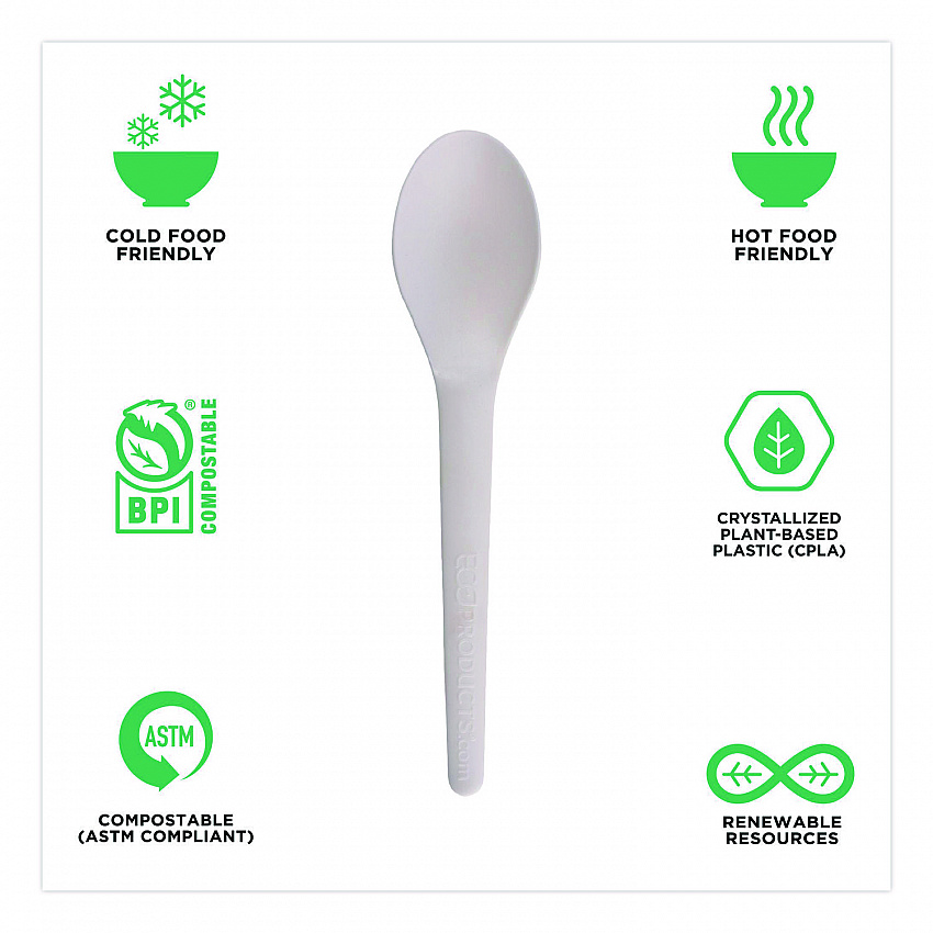 Plantware Compostable Cutlery, Spoon, Plastic, White, 1,000/Carton (EPS013W)