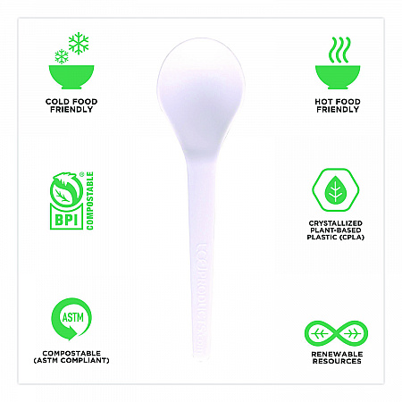 Plantware Compostable Soup Spoon, Heavyweight, Plastic, White, 50/Pack, 20 Packs/Carton (EPS014)