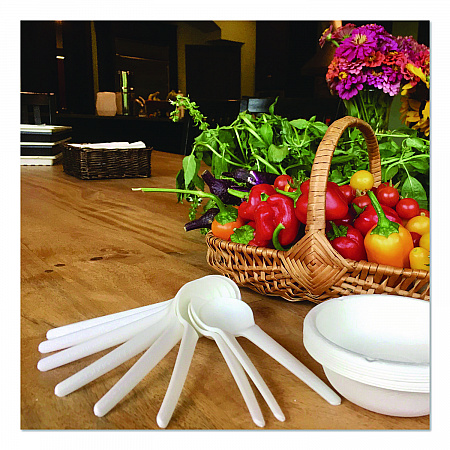 Plantware Compostable Soup Spoon, Heavyweight, Plastic, White, 50/Pack, 20 Packs/Carton (EPS014)
