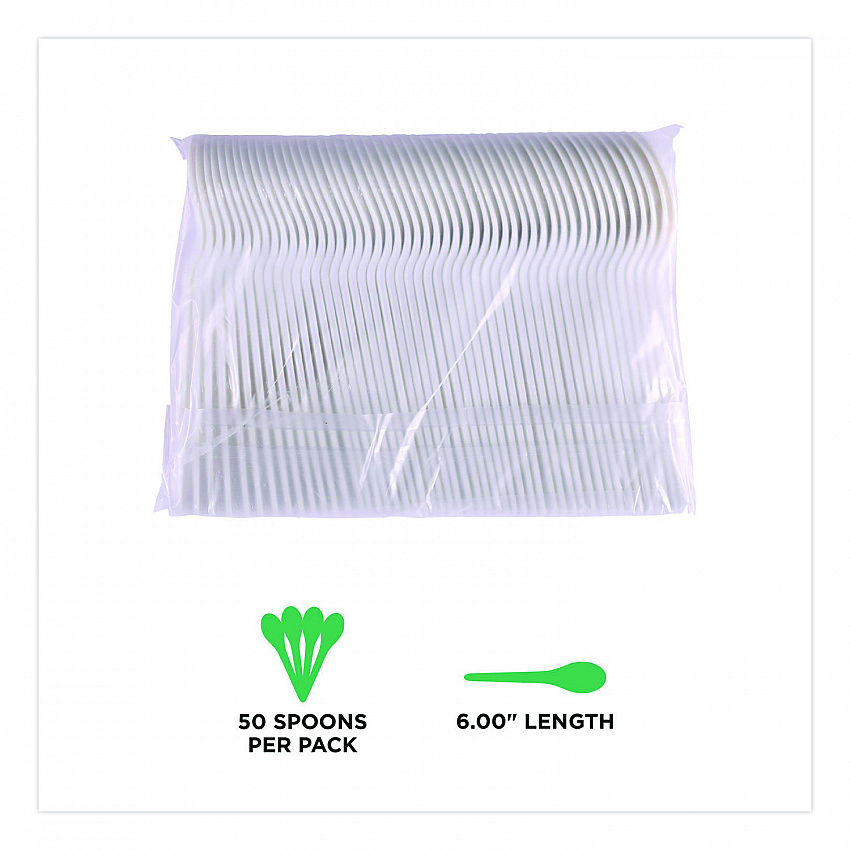 Plantware Compostable Soup Spoon, Heavyweight, Plastic, White, 50/Pack, 20 Packs/Carton (EPS014)