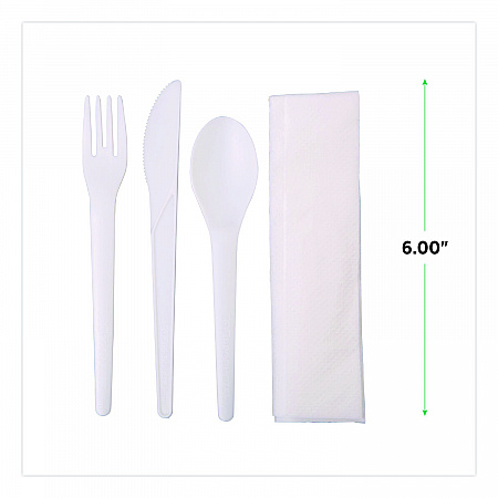 Plantware Compostable Cutlery Kit, Fork/Knife/Napkin/Spoon, Pearl White, 250 Kits/Carton (EPS015)