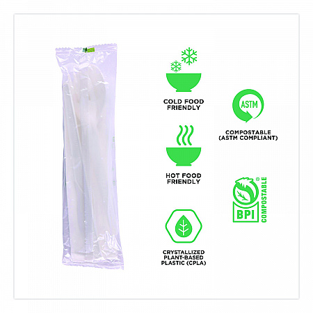 Plantware Compostable Cutlery Kit, Fork/Knife/Napkin/Spoon, Pearl White, 250 Kits/Carton (EPS015)