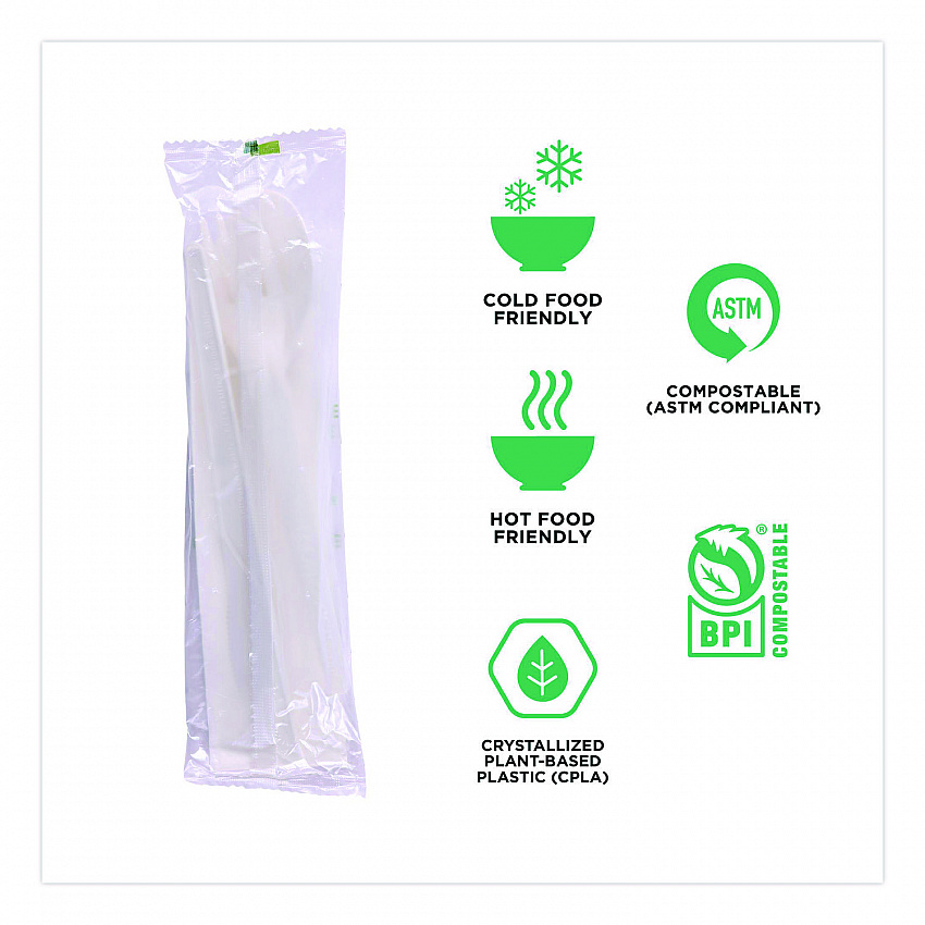 Plantware Compostable Cutlery Kit, Fork/Knife/Napkin/Spoon, Pearl White, 250 Kits/Carton (EPS015)