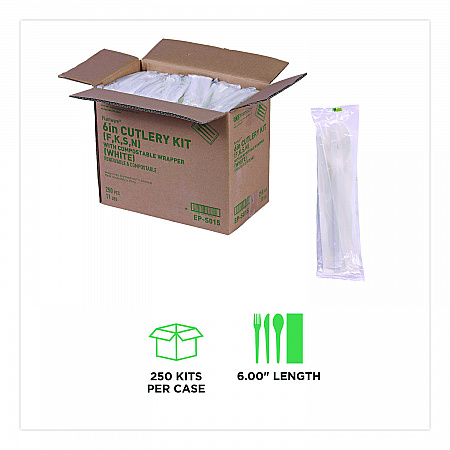 Plantware Compostable Cutlery Kit, Fork/Knife/Napkin/Spoon, Pearl White, 250 Kits/Carton (EPS015)