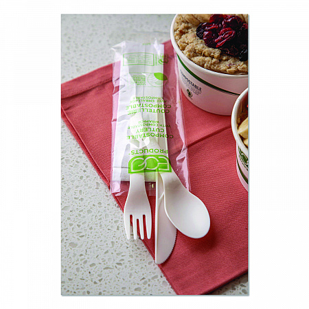 Plantware Compostable Cutlery Kit, Fork/Knife/Napkin/Spoon, Pearl White, 250 Kits/Carton (EPS015)