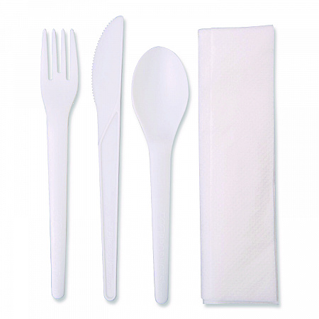 Plantware Compostable Cutlery Kit, Fork/Knife/Napkin/Spoon, Pearl White, 250 Kits/Carton (EPS015)