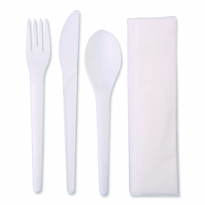 Plantware Compostable Cutlery Kit, Fork/Knife/Napkin/Spoon, Pearl White, 250 Kits/Carton (EPS015)