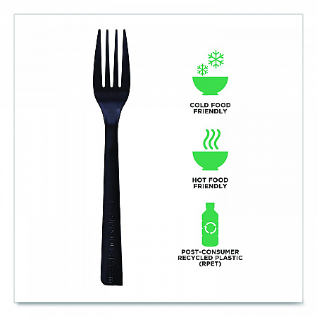 100% Recycled Content Cutlery, Fork, Plastic, Black, 50/Pack, 20 Packs/Carton (EPS112)