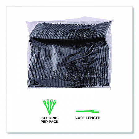100% Recycled Content Cutlery, Fork, Plastic, Black, 50/Pack, 20 Packs/Carton (EPS112)