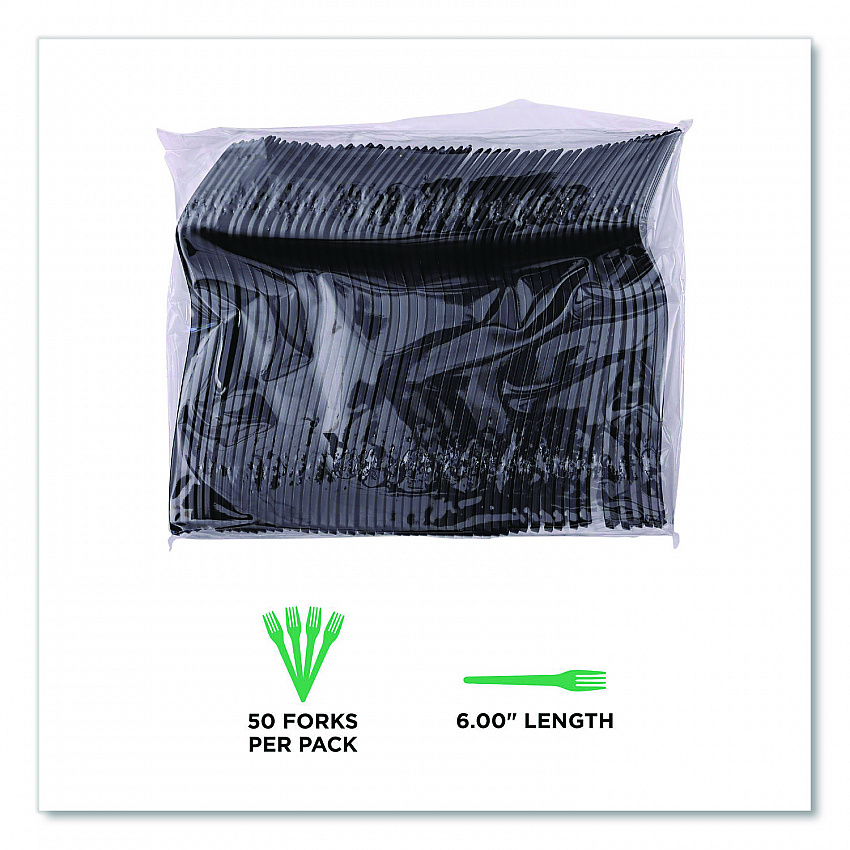 100% Recycled Content Cutlery, Fork, Plastic, Black, 50/Pack, 20 Packs/Carton (EPS112)