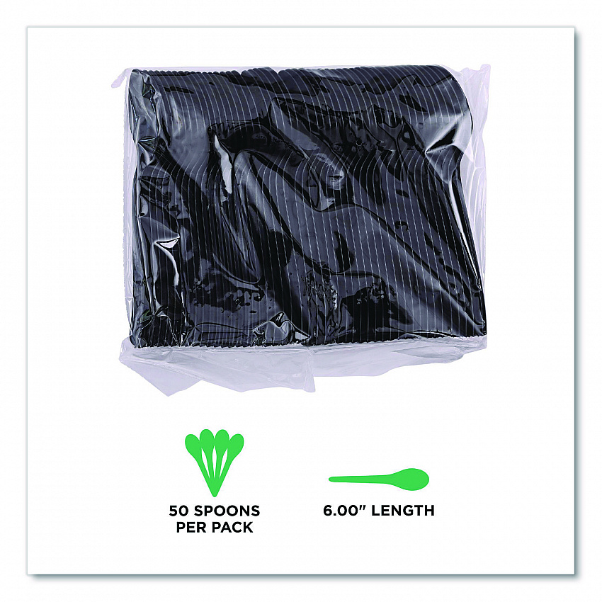 100% Recycled Content Cutlery, Spoon, Plastic, Black, 50/Pack, 20 Pack/Carton (EPS113)