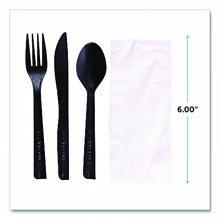 100% Recycled Content Cutlery Kit, Heavyweight Fork/Knife/Soup Spoon/Spoon, Plastic, Black, 250/Carton (EPS115)