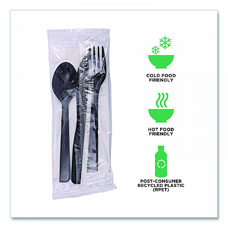 100% Recycled Content Cutlery Kit, Heavyweight Fork/Knife/Soup Spoon/Spoon, Plastic, Black, 250/Carton (EPS115)