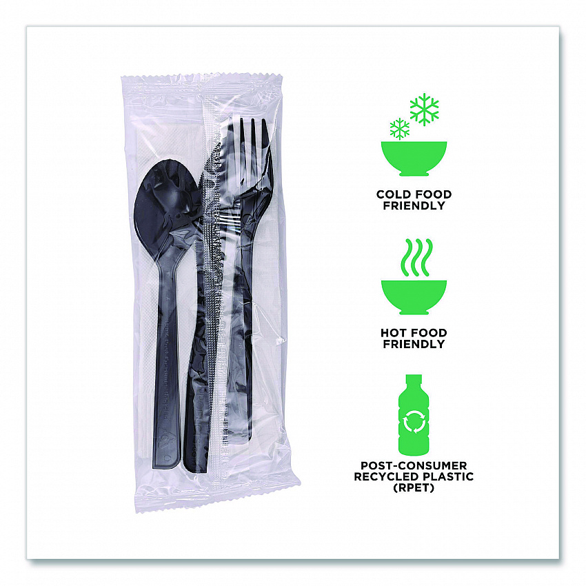 100% Recycled Content Cutlery Kit, Heavyweight Fork/Knife/Soup Spoon/Spoon, Plastic, Black, 250/Carton (EPS115)