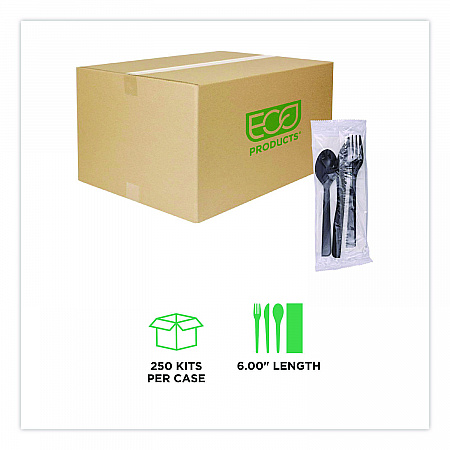 100% Recycled Content Cutlery Kit, Heavyweight Fork/Knife/Soup Spoon/Spoon, Plastic, Black, 250/Carton (EPS115)