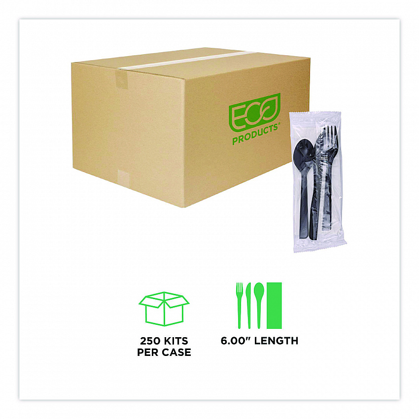 100% Recycled Content Cutlery Kit, Heavyweight Fork/Knife/Soup Spoon/Spoon, Plastic, Black, 250/Carton (EPS115)