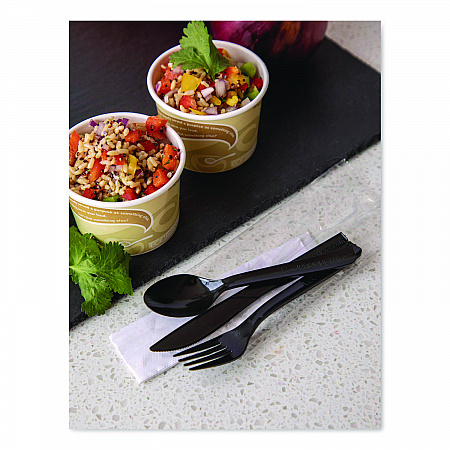 100% Recycled Content Cutlery Kit, Heavyweight Fork/Knife/Soup Spoon/Spoon, Plastic, Black, 250/Carton (EPS115)